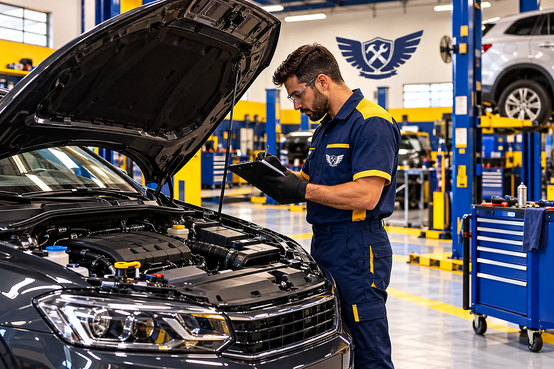 Imagem ilustrativa em alta resolução de revisão preventiva automotiva com identidade Papaléguas